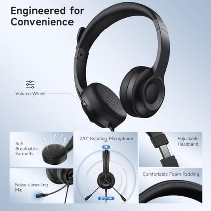 AOC USB Headset with Microphone for PC, On-Ear Wired Headphones with Mic | with Noise-Cancelling, 40mm Audio Drivers, USB-A Computer Headset for Office, Teams, Call Centers & Online Meetings (Black)