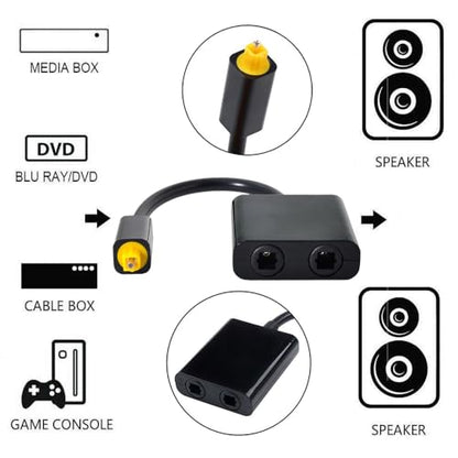 Dual Port Toslink Digital Optical Audio Splitter Adapter Fiber Optic Audio Cable 1 in 2 Out Black