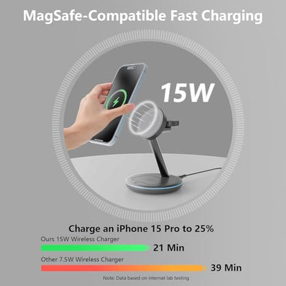 QWOSE 2026 Traveling 3 in 1 Charging Station for Apple iPhone AirPods Watch | with Mag-Safe Wireless Charger Stand for iPhone 17 16 15 14 13 12 Series AirPods iWatch Series - Gifts for Wife & Husband - color: Black