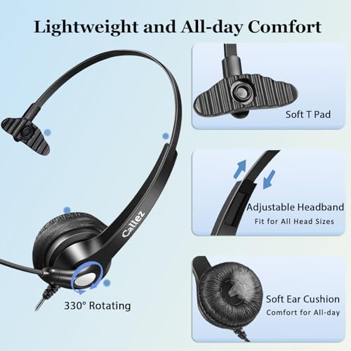 Callez Telephone Headset with Noise Cancelling Mic for Landline Deskphones | Corded RJ9 Phone Headset Mono, Works with Polycom Plantronics Avaya ShoreTel Mitel NEC Allworx Toshiba Digium Office Phones