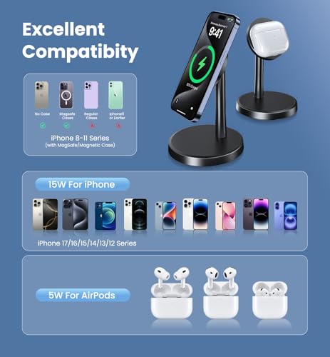 Magnetic Wireless Charger iPhone, 15W Fast Mag-Safe Charger Stand for iPhone 17/17 Air/17 Pro/17 Pro Max 16/15/14/13/12 Series, Wireless Charging Station for Pad/AirPods - color: Black&Green