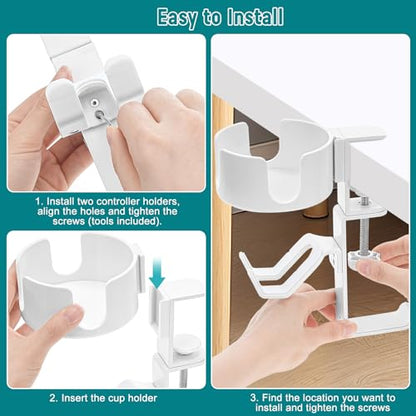 welltop 4 in 1 Controller Holder with Desk Cup Holder & Headphone Hanger, Rotatable Under Desk Clamp Controller Holder Dual Gamepad Headset Stand Gaming Desk Accessories for Xbox, PS4, PS5, PC, Switch