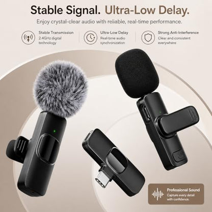Sahara - Dual Wireless Lavalier Microphone Set, 2 Clip-On Mics, Noise Reduction, Plug & Play Auto Pairing, USB-C Receiver, Lightning & USB-A Adapters for Recording & Streaming
