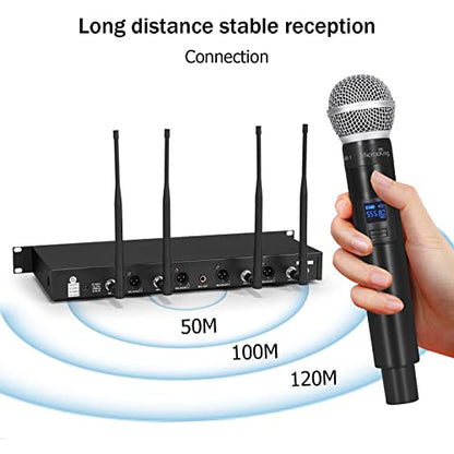 MicrocKing 4 Channel UHF Wireless Microphone System, 4 Handheld Wireless Microphones with Receiver, 400ft Long Range, Professional Dynamic Mic Set for Church, Conference, Wedding, Karaoke and Speech - style: 4 Handheld mics