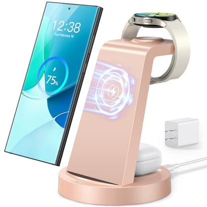 Wireless Charger for Samsung: 3 in 1 Wireless Charging Station | for Samsung Galaxy Watch 8 7 6 5 4 3 Pro S26 S25 S24 S23 S22 Ultra Z Fold Android, 18W adapter, Idea for Home Office Travel - color: Rose Gold
