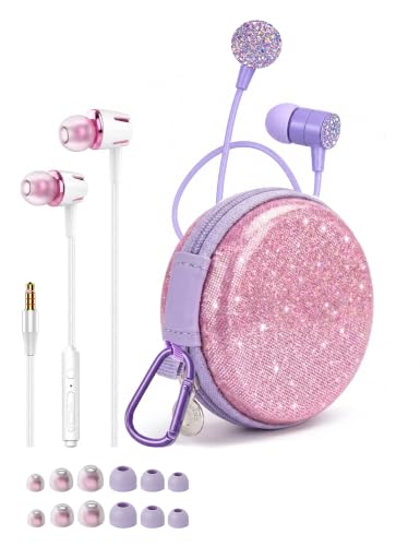 2-Pack Teens Wired Earbuds Set with Glitter Case, School Headphones | GOGOSINIS 2-pack Wired Student Earbuds with Glitter case, 3.5mm Headphones,Mini Carabiner Clip for School Backpacks - color: Diamond Pink-purple