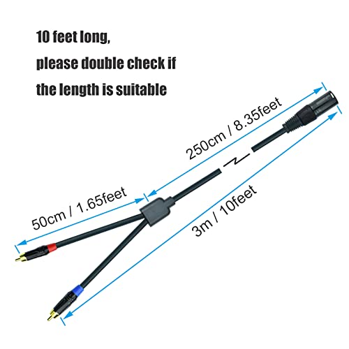 2 RCA to XLR Male Y Splitter Cable, 10Feet Dual RCA to XLR Breakout Audio Patch Cord Adapter, Nylon Braided Heavy Duty, Copper Shielded Noise Free, for Mixer, Studio Monitor, Speaker - size: 10 Feet
