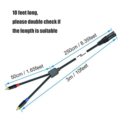 2 RCA to XLR Male Y Splitter Cable, 10Feet Dual RCA to XLR Breakout Audio Patch Cord Adapter, Nylon Braided Heavy Duty, Copper Shielded Noise Free, for Mixer, Studio Monitor, Speaker - size: 10 Feet