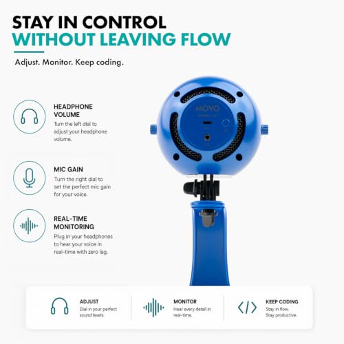 Movo WebMic USB Microphone with Desktop Stand, Royal Blue, Cardioid Condenser, for PC and Mac, with Mic Gain and Headphone Monitoring - color: Royal Blue