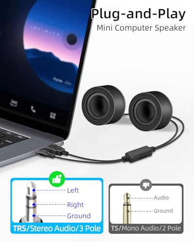GELRHONR Mini Computer Speaker,Small Computer Speaker, 3.5mm Mini Speaker, 3.5mm TRS AUX Input, Adhesive Backed, USB Powered with Volume Control for Laptop, Raspberry Pi, PC, Phone, 1.2M/3.9FT
