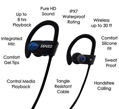 Senso Bluetooth Headphones, Best Wireless Sports Earphones w/Mic IPX7 Waterproof HD Stereo Sweatproof Earbuds for Gym Running Workout 8 Hour Battery Noise Cancelling Headsets (Black Blue)