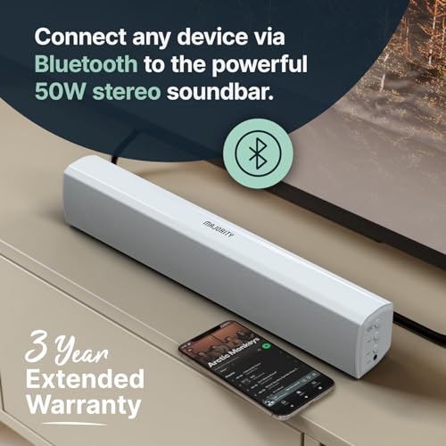 Majority 15 Inch White Soundbar for TV, Bluetooth Sound Bar 50 Watts, Home Audio Speaker, Small PC Soundbar Speaker | AUX, RCA, Optical, USB | Gaming, Music, Movies | Bowfell