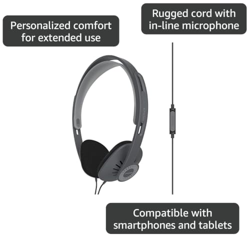 Koss KPH30i Retro Style On-Ear Headphones, Grey, Microphone, Wired | In-Line Microphone and Touch Remote Control, D-Profile Design, 3.5mm Jack - color: Dark Grey