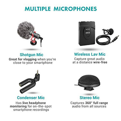 Movo Huge iPhone Vlogging Kit V8 with iPhone Lightning Dongle, Mini Tripod, Grip Rig, Wireless Shotgun Mini, 360° Stereo Microphones, LED Lights, Remote - Perfect for TiKTok, YouTube, and Streaming