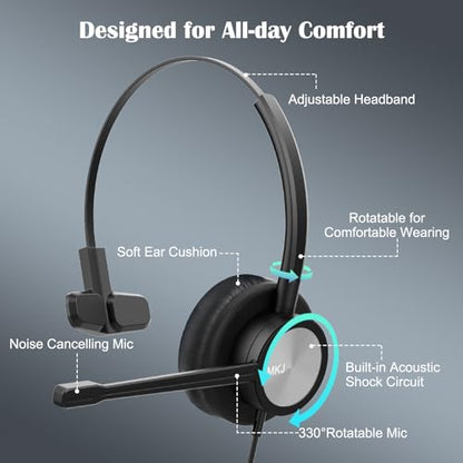 MKJ RJ9 Telephone Headset with Microphone Noise Cancelling for Cisco Phones | Wired Headphone for Call Center, Compatible with Office Phone Cisco 7841 7861 7942G 7961G 7962G 7971G 7975G 8841 9951 9971