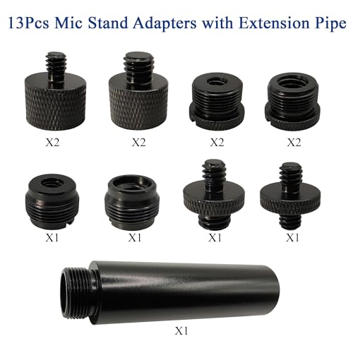 Mic Stand Adapter Kit with Extension Tube,3/8" to 5/8",1/4" to 5/8" Threaded Screw for Camera Tripod Mic Arm 13 Pack