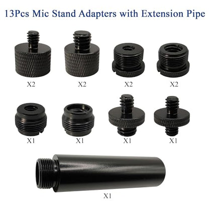 Mic Stand Adapter Kit with Extension Tube,3/8" to 5/8",1/4" to 5/8" Threaded Screw for Camera Tripod Mic Arm 13 Pack