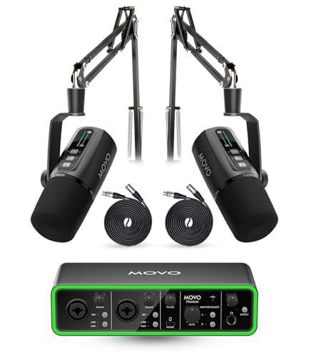 Movo Podcast Equipment Bundle - Phantom USB Audio Interface, 2 UM6 XLR/USB-C Dynamic Microphones, and 2 Boom Arms - Professional Dual Microphone Setup for Podcasting and Streaming - style: with 2 Microphones and Boom Arms