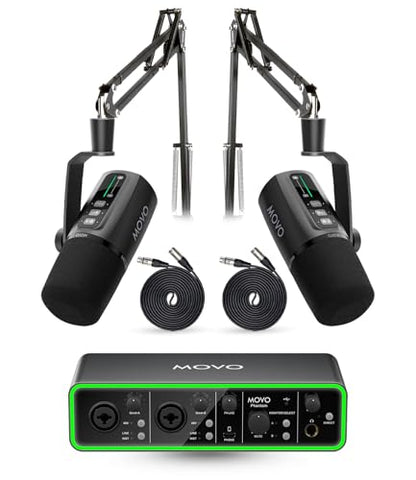 Movo Podcast Equipment Bundle - Phantom USB Audio Interface, 2 UM6 XLR/USB-C Dynamic Microphones, and 2 Boom Arms - Professional Dual Microphone Setup for Podcasting and Streaming - style: with 2 Microphones and Boom Arms