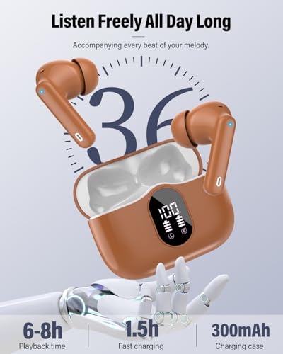 Wireless Earbuds, Bluetooth 5.4 Headphones Bass Stereo/Clear Calls, Brown | Ear Buds with Noise Cancelling Mic LED Display in Ear Earphones IP7 Waterproof 36H Bluetooth Earbuds for Phones/Sport/Laptop - color: Brown