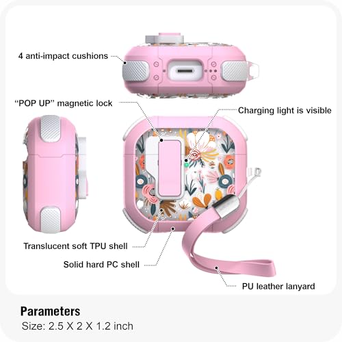 WENEW Case for AirPods 4th Case Cover Secure Lock Automatic Snap Switch Clip Cleaner Kit Lanyard Women Stylish Flower Armour Hard Shell Full Body Front LED Visible (Pink Flower, AirPods 4th) - color: Pink Flower, size: AirPods 4