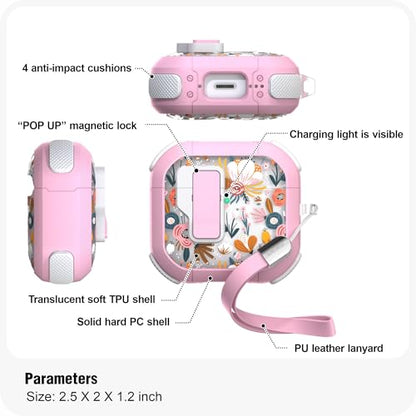 WENEW Case for AirPods 4th Case Cover Secure Lock Automatic Snap Switch Clip Cleaner Kit Lanyard Women Stylish Flower Armour Hard Shell Full Body Front LED Visible (Pink Flower, AirPods 4th) - color: Pink Flower, size: AirPods 4