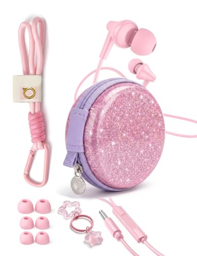 Glitter Pink Teens Wired Earbuds with Case, 3.5mm Headphones for School | GOGOSINIS Wired Student Earbuds with Glitter Pink Case, Braided Lanyard Wristlet & Star Keychain Charm, For School backpacks - color: Glitter Pink
