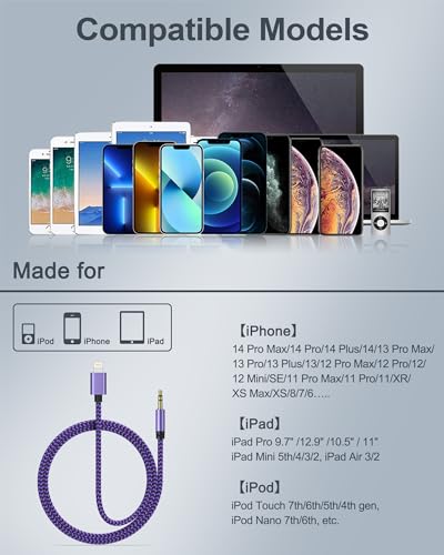 2Pack iPhone AUX Cord for iPhone 14 Pro Max/Plus, 13/12/11/XR/X/8/7, [Apple MFi Certified] Lightning to 1/8 Inch Audio Cable,3.3ft, Headphone Jack Adapter Male Aux Stereo Audio Cable for Lightening - style: Purple*2 Aux Cord