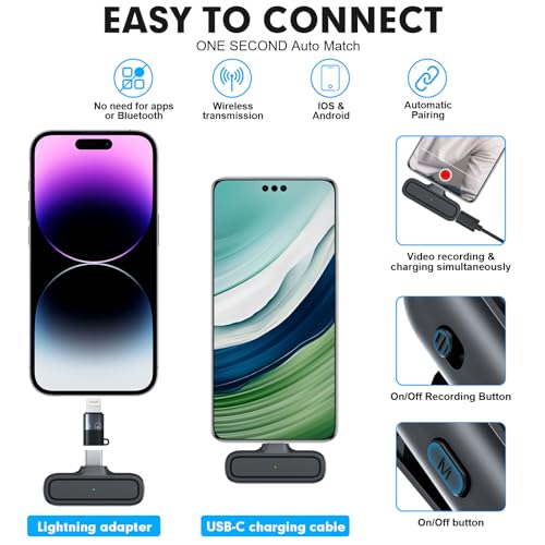 2-Pack Wireless Lavalier Microphone for iPhone Android - Plug and Play Noise Reduction Clip-on Mic with Charging Case, for Vlogging YouTube Live Streaming Zoom Meetings Video Recording Youtuber