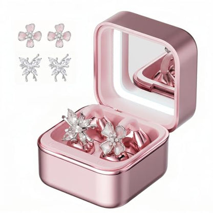 Wireless Earbuds with LED Makeup Mirror Case, Bluetooth 6.0 Open Ear Clip-On Headphones, Cute Pink Air Conduction Earphones for Women, Low Latency, Secure Fit for Running & Travel (Earring Pink) - color: Earring Pink