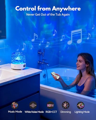 Shower Light with Bluetooth Speaker, Waterproof Shower Lamp with White Noise, 16 Colors Ocean Wave Projector Light with Remote & Touch Control, Music Lamps for Inside Shower Bathroom Bathtub - color: White