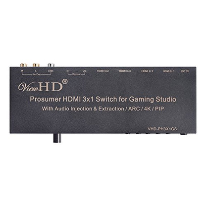 Prosumer HDMI 3x1 Switch | 4K@30Hz HDMI v1.4 | MIC Audio Injection/Combiner | HDMI Audio Extractor | Optical/Coax/RCA L/R to HDMI Audio| ARC | Model: VHD-PH3X1GS