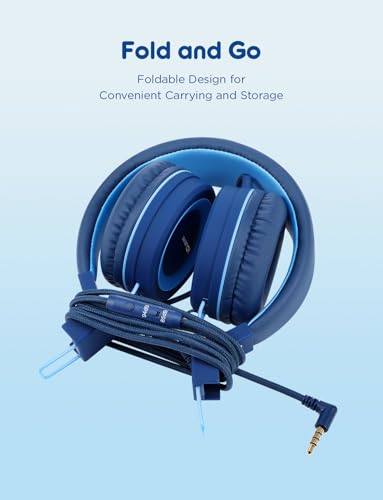 iClever HS14 아동용 유선 헤드폰, 라이트 블루, 85dB 볼륨 리미터, 스테레오 사운드, 내장 마이크, 3.5mm 오디오 잭 호환, 173.9g(6.5온스) | SafeSound Tech, 스테레오 사운드, 접이식, 오버 이어 유아용 헤드폰, 어린이/학교/태블릿/여행용 내구성 있는 헤드폰 - color: 라이트 블루