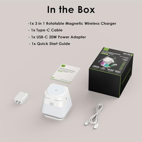 Minthouz 3 in 1 Charging Station for iPhone, Wireless Charger for Apple, MagSafe Charger with Night Light, 360° Rotation, Compatible with iPhone 16, 15, 14, 13, 12 Pro, Apple Watch & AirPods Pro 4/3/2