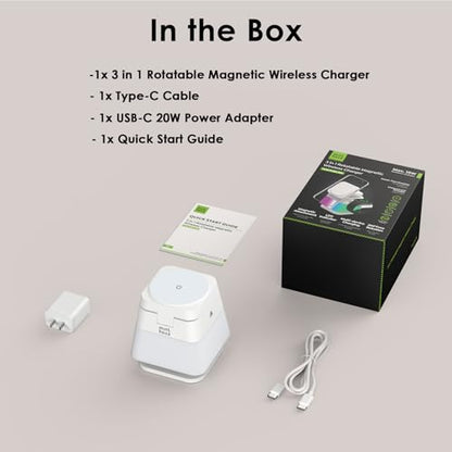 Minthouz 3 in 1 Charging Station for iPhone, Wireless Charger for Apple, MagSafe Charger with Night Light, 360° Rotation, Compatible with iPhone 16, 15, 14, 13, 12 Pro, Apple Watch & AirPods Pro 4/3/2