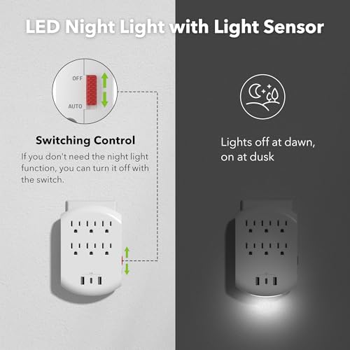 BN-LINK Outlet Extender, Multi Plug Outlets with 6 Outlets 3 USB Ports (3.4A Total), Dusk-to-Dawn Sensor Night Light, Outlet Splitter with Top Phone Holder, for Traveling, Home, School, Office - size: 6 Outlets - Night Light (USB)