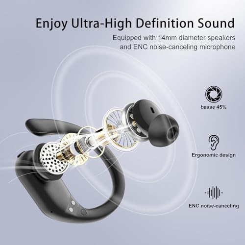 Wireless Earbuds, Sports Bluetooth 5.4 Headphones, Digital Display, Bass Sound 60Hrs Playtime, Over-Ear Hook with Mic, Fast Charging Digital Display IPX7 Waterproof Earphones for Running/Sports