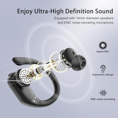 Wireless Earbuds, Sports Bluetooth 5.4 Headphones, Digital Display, Bass Sound 60Hrs Playtime, Over-Ear Hook with Mic, Fast Charging Digital Display IPX7 Waterproof Earphones for Running/Sports