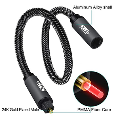 EMK Optical Extension Cable Male to Female Coupler Cord Nylon Braided Jacket 24K Gold-Plated Fiber Digital Extension Adapter Cable for Home Theater Sound bar TV 6.6ft - size: 6.6ft/2m