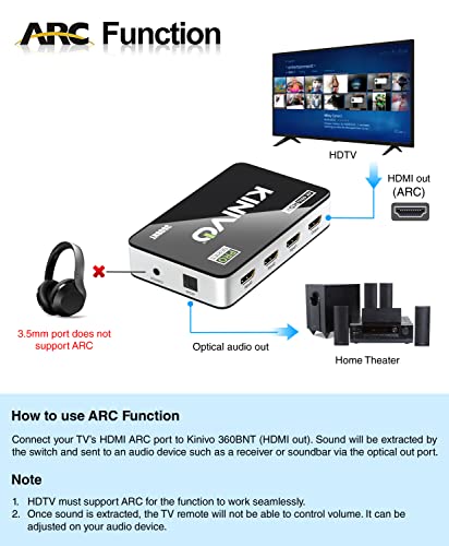 Kinivo HDMI Switch with Audio Extractor 360BNT (3 in one out, Toslink Optical Audio Port, SPDIF, 4K 60Hz, High Speed 18Gbps, IR Remote) - Compatible with Roku, PS5, Xbox, Apple TV, Dolby Digital/Atmos - size: 4K - 3 Port with Toslink