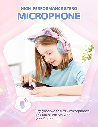 Cat Ear Bluetooth Headphones by iClever | SafeSound Tech, 50H Playtime, USB C Charging, AUX Cable, Stereo Sound, Kids Headphones Wireless with Mic for Tablet, Pink - color: Pink