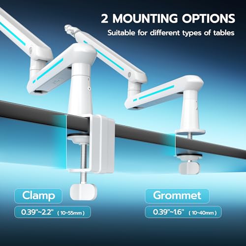 ARES WING Aluminum Low Profile Mic Arm with 4.4 lbs Load Capacity, White | Adjustable Microphone Boom Arm with 3/8” to 5/8” Screw Adapter, Desk Mount Mic Stand for Gaming Streaming Podcasting - color: White