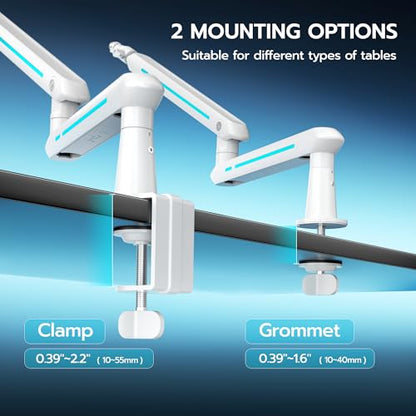 ARES WING Aluminum Low Profile Mic Arm with 4.4 lbs Load Capacity, White | Adjustable Microphone Boom Arm with 3/8” to 5/8” Screw Adapter, Desk Mount Mic Stand for Gaming Streaming Podcasting - color: White