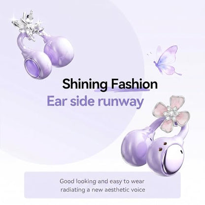 Open Ear Wireless Earbuds for Women with Makeup Mirror Charging Case, Clip-on Bluetooth 6.0 Headphones with Spatial Audio, Includes Flower & Butterfly Earrings, Long Battery Life (Purple) - color: Purple