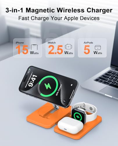 3 in 1 Magnetic Wireless Charger for Apple Multiple Devices, Foldable Fast Charging Station - Magsafe Charger Stand, Travel Charger Pad for iPhone 17 16 15 14 13 12 Series/Apple Watch/AirPods Orange | Magsafe Charger Stand for Multiple Devices, Travel Cha