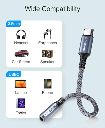 BlueRigger USB C to 3.5mm Audio Adapter - (18cm, Female AUX to USB C Adapter, USBC to Headphone Jack, USB-C Dongle, Type C to 1/8) - Compatible with Phone, Tablets, Laptops, Headset, Speakers - size: 7 in