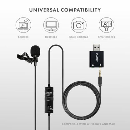 Movo LV1-USB Lavalier Microphone for Camera, Lapel for iPhone and Android Smartphones, Body Lav Mic, Clip On Microphone for 3.5mm, Shirt Lapel Mic for Phone, GoPro, Interview, Computer, PC