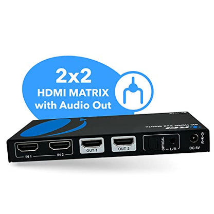 OREI 2x2 HDMI Matrix Switch – 8K HDMI 2.1, EDID, IR, VRR, FVA, ALLM, HDR10+ | 2x2 HDMI Matrix with Optical & 3.5mm Audio Out, 40Gbps, 8K60, 4K120, Dolby Vision, HDR10+, VRR, ALLM