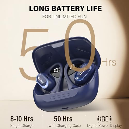 Wireless Bluetooth Earbuds, Open Ear Headphones, Blue | HiFi Stereo Open Ear Buds with HD Mic, 50H LED Power Display Air Conduction Earbuds, AI Translation Earbuds Real Time - color: Blue