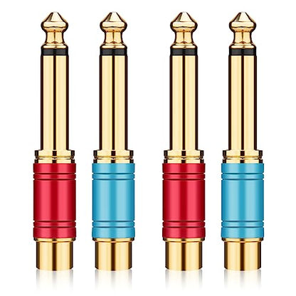 RCA to 1/4 Adapter 4 Pack, 24K Gold Plated 1/4 inch to RCA Female Mono Audio Connecto(Blue*2+Red*2)